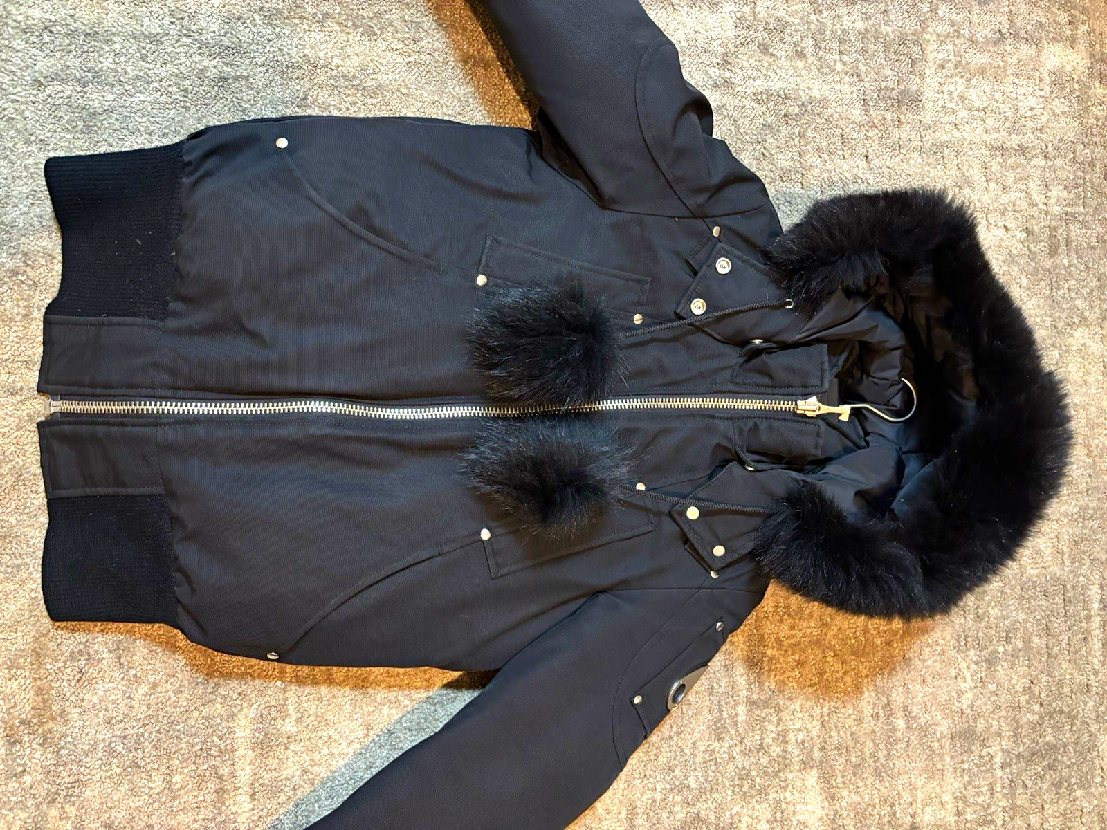 Moose Knuckles Men’s Black Down Filled Hooded Fur Trim Bomber Jacket Size S image 1