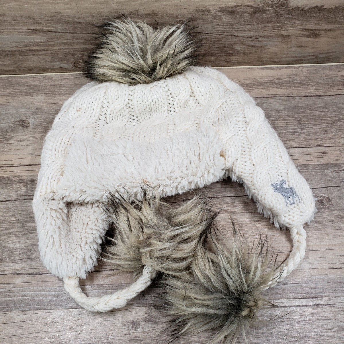 Abercrombie Fitch Knit Cap Hat Moose OS Trapper Sherpa Pom Ear