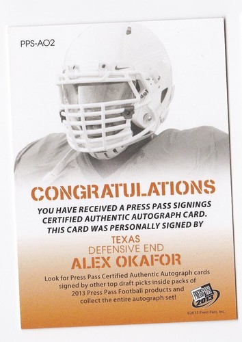 2013 Press Pass Authentic Autograph Alex Okafor Texas PPS-AO2 #'ed/50 RC Auto - Picture 2 of 2