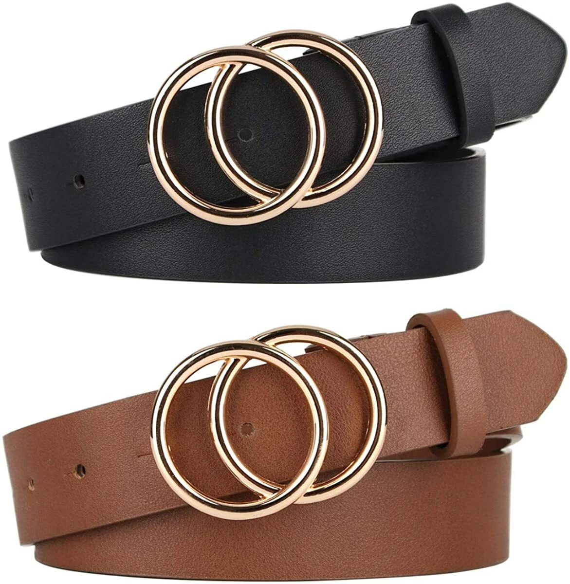 Pack 2 Women Belts for Jeans with Fashion Double O-Ring Buckle and Faux  Leather