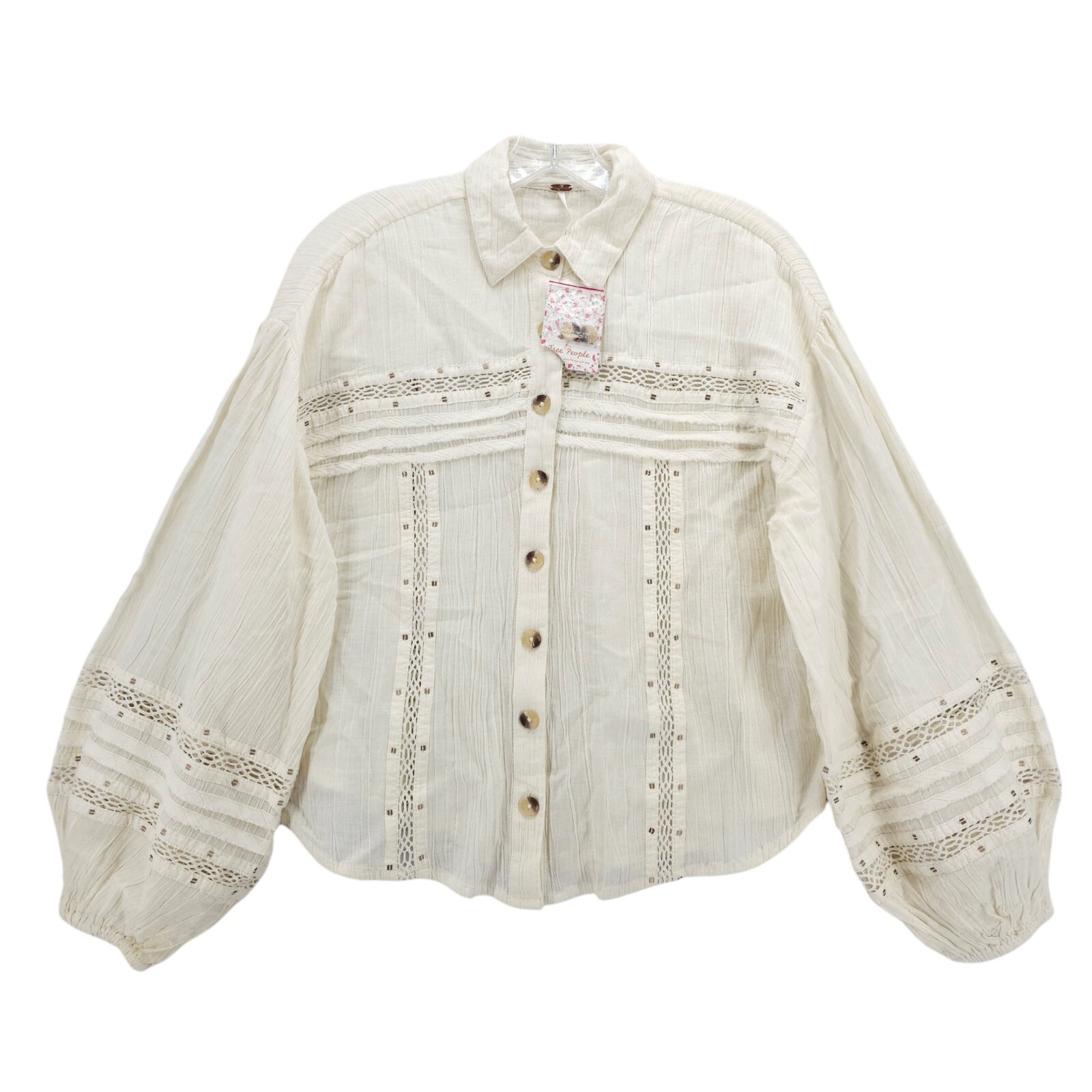 FREE PEOPLE Summer Stars Buttondown Peasant Shirt Crochet Crinkled XS