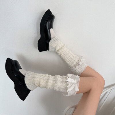 Lady Girl Cable Knit Leg Warmers Cute Bow Lace Trim Knitted Boots Socks Leggings