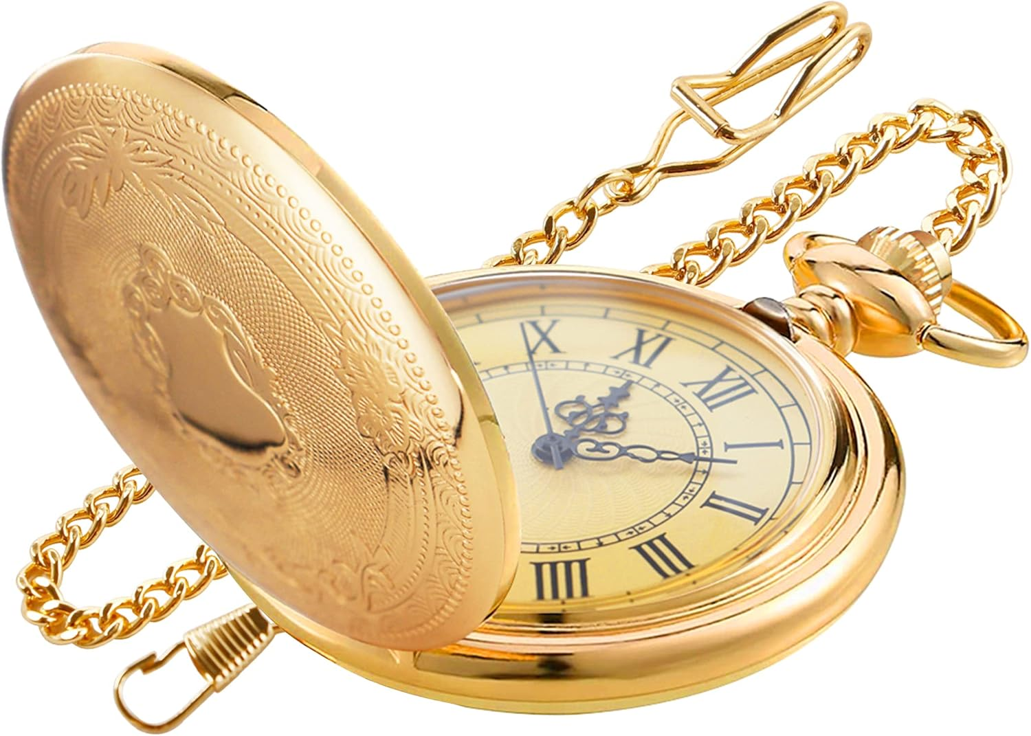 Gold Smooth Shield Round Quartz Pocket Watch with Chain