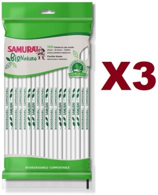 300 GREEN BIODEGRADABLE BIONATURE SAMURAI STRAWS 24CM WITH COMPOSTABLE JOINT
