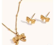 Stainless Steel 18k Gold Plated Elegant Bow Knot Earring And Necklace Set