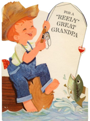 Vtg Hallmark Father's Day Card Grandpa Boy Fish Reely Great Whopper Used 1960s