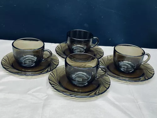 Set of 4 ~ Vereco France "AMBER" Glass Coffee Tea Cup Mug 8 oz w/Saucers