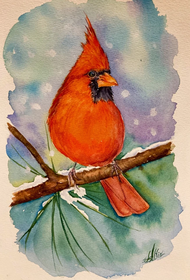 Pintura Original Acuarela - Pájaro Cardenal Rojo - Arte de Vida Silvestre Firmado Foto 2 de 2