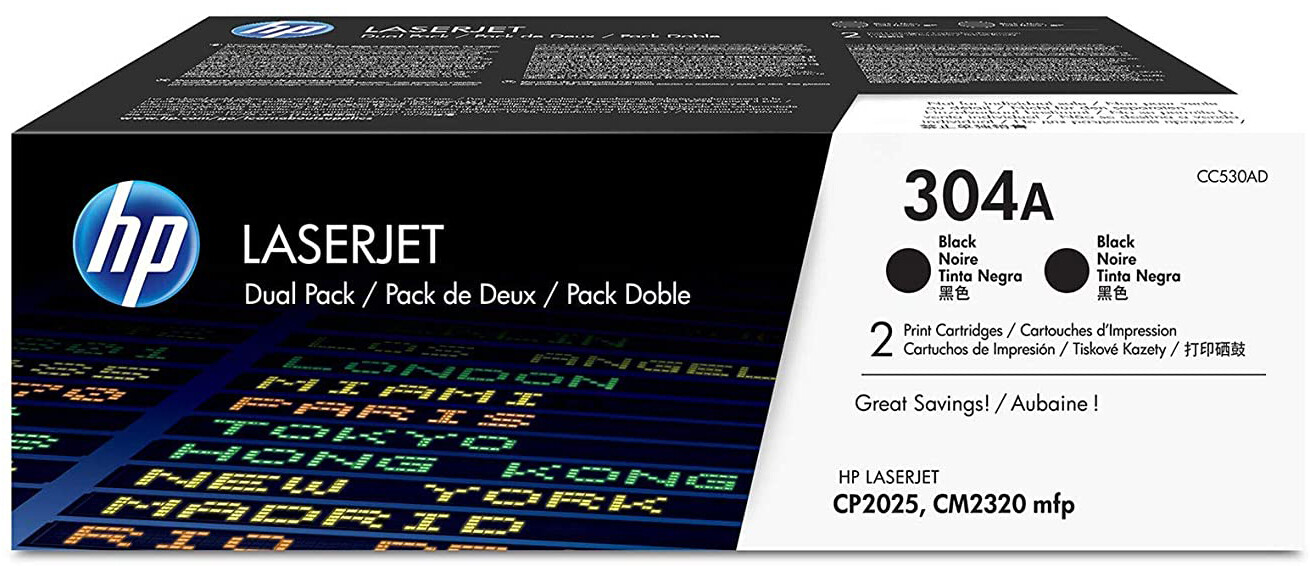 Pack de 2 HP 304A Noir cartouche de toner CC530A d'origine pour impression de bureau