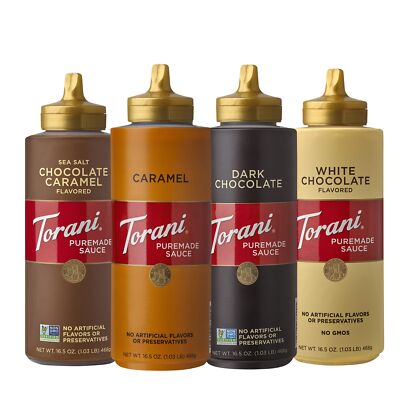Torani Puremade Sauce Variety Pack 16.5oz Pack of 4 Dark Chocolate Caramel
