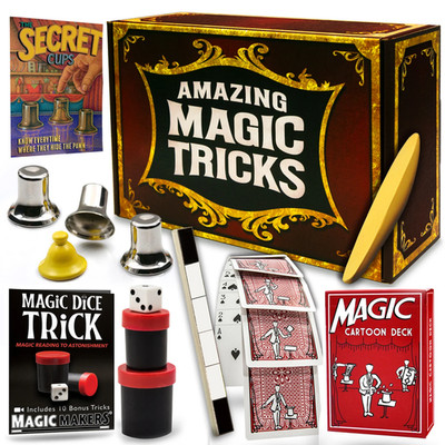 AMAZING MAGIC TRICKS KIT Box Cartoon Deck Mental Dice Paddle Secret Cups + Video