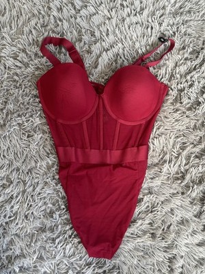 DKNY Women's Sheers Strapless Mesh-Panel Thong Bodysuit Maroon 36C NWOT