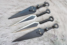 Cuchillo Kunai japonés forjado a mano con mango de metal y funda de cuero