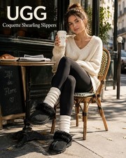 UGG Coquette Slippers Women 8 Black Suede Shearling Fur Lined Mule Cozy