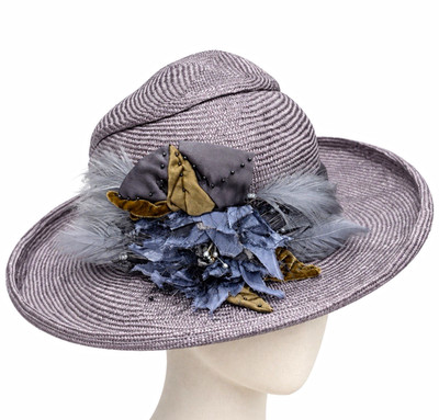 Sayra Adams Millinery Wide Brim Straw Sun Hat Gray/Blue Flower Feather Trim
