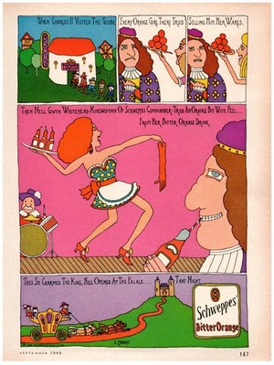 1969 PRINT AD, Schweppes Biter Orange Globe Theater King Charles II 60's Comic