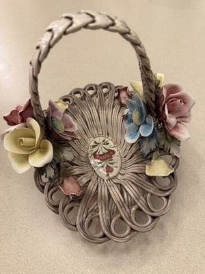 Capodimonte Vintage Porcelain Flower Basket Sculpture Signed, Italy, 7.5''