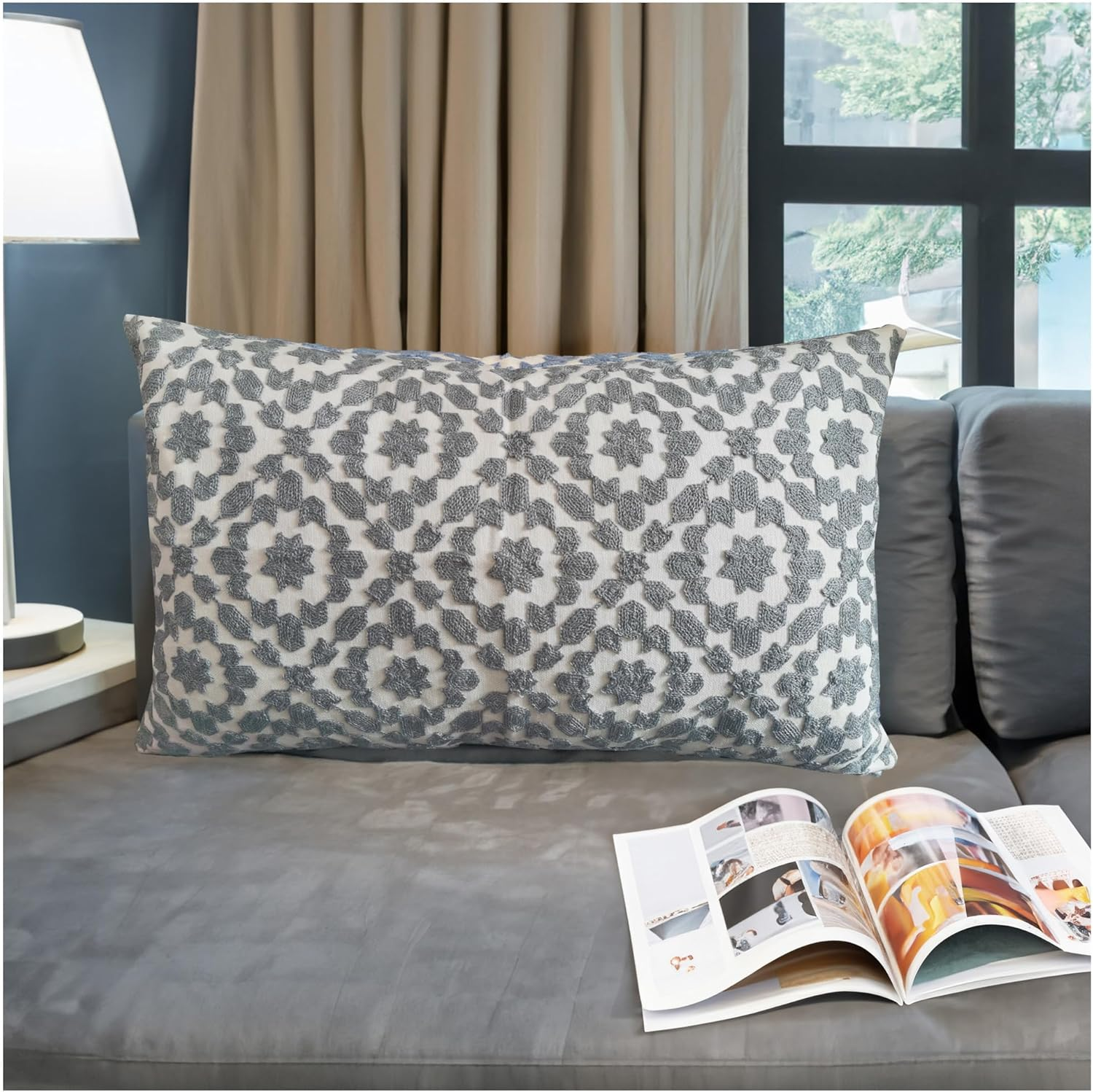 Throw Pillow Cover Decorative Lumbar Pillowcase Grey Silver and White 12X20 1PC