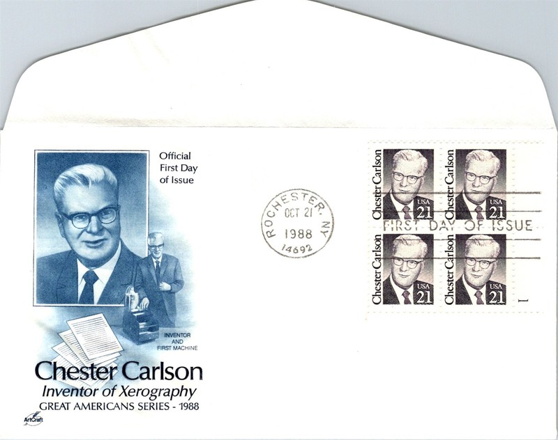 S09-6248, CHESTER CARLSON, PLATE NUMBER BLOCK, ARTCRAFT FDC