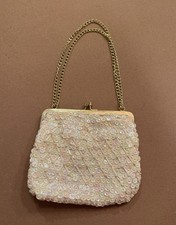 Vintage Iridescent Sequined Evening Bag Gold Tone Chain Made in Hong Kong