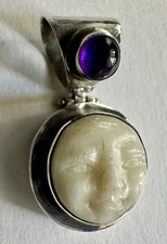 Balinese Ivory Amethyst Silver Moon Face Pendant Necklace Charm