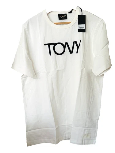 NWT TONY LOGO EMBROIDERED T- SHIRT VANILLA BEIGE COTTON MEN SIZE L SHORT SLEEVE - product listing photo
