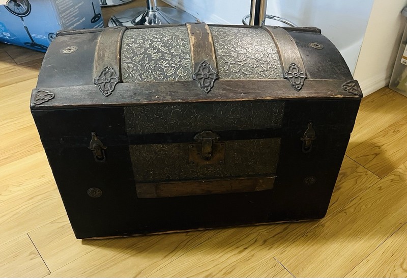 Antique Barrel-Top Trunk Embossed Metal Floral Pattern Wood Chest Victorian