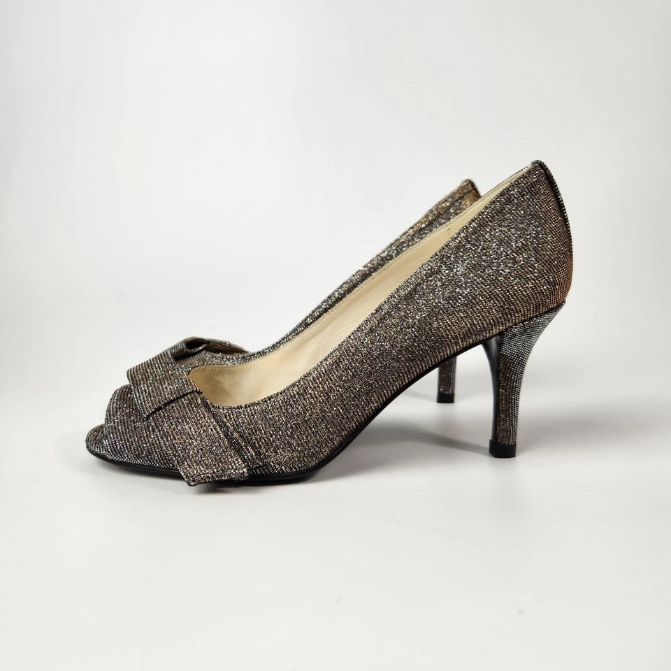 Stuart Weitzman Peep Toe Bow Heels Sparkle Glitter Womens 6 Holiday Party Preppy - Image 4 of 4