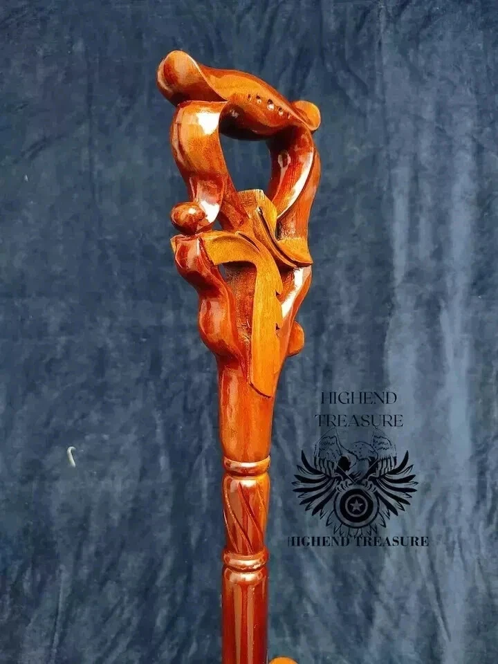 Walking Stick Cane Christian Cross wood Hand carved handle wooden Art - Image 3 of 4