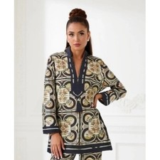 Tory Burch Sundial Print Caftan Tunic Top Womens M Beach Cover Up Luxury EUC