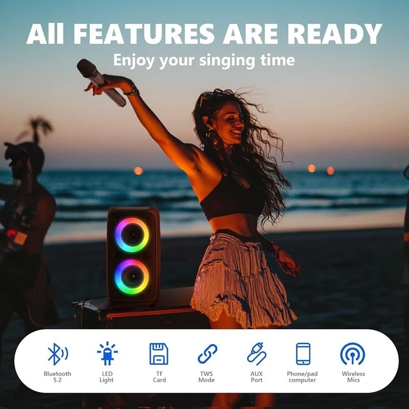 Karaoke Machine Bluetooth Speaker 2 Mic LED Light Show TWS 8H Playtime New - Image 4 of 4