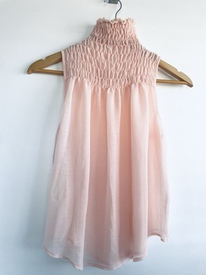 Vintage-Style Pink Textured Chiffon Smocked Sleeveless Top S