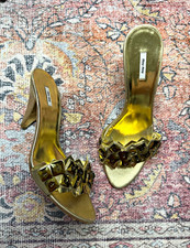 Miu Miu Gold Leather Embellished Open Toe Slip On Mule Heels US 6.5
