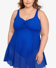 Swim Solutions Plus Size Knot-Front Tummy-Control Swimdress Blue Size 20W