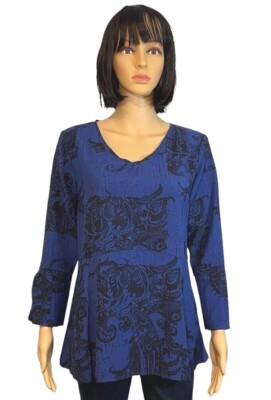Habitat XS Blue Black Poly Rayon Fleur De Lis Print Tunic Top Blouse V-neck