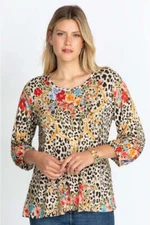 Johnny Was Animal Cheetah Puff Sleeve Shirt Flowers Embroidery Beige Top New