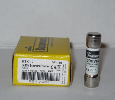 New Box of 10 Cooper Bussmann KTK-10 Fuses 10A, 600V