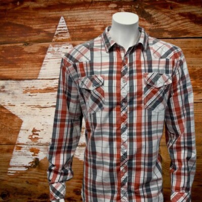 BKE Buckle Red White Gray Plaid Men s Western Distressed Long Sleeve Shirt XXL