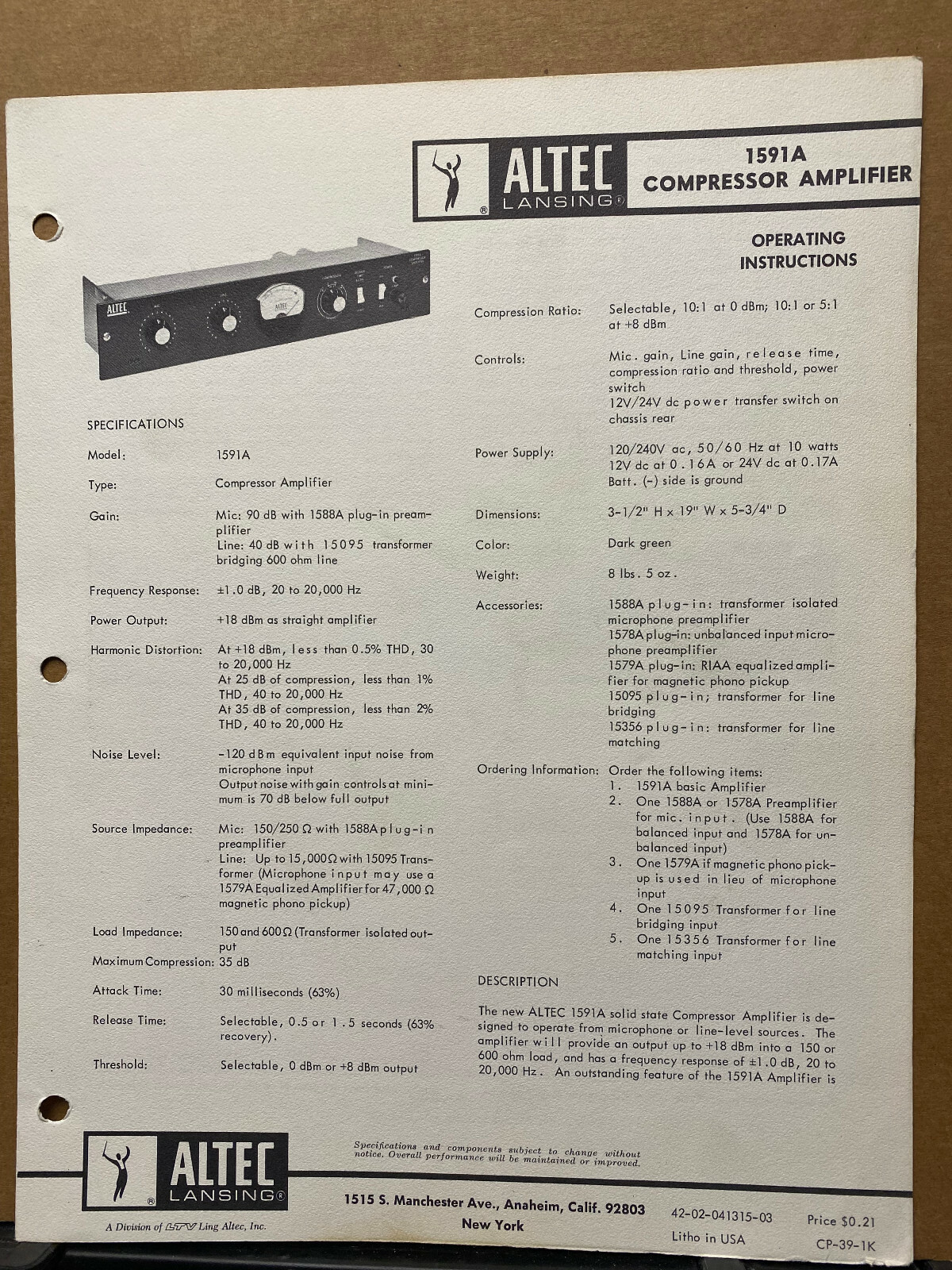 Operating Instruction Manual ~ Altec 1591A Amplifier ~ Service Schematic