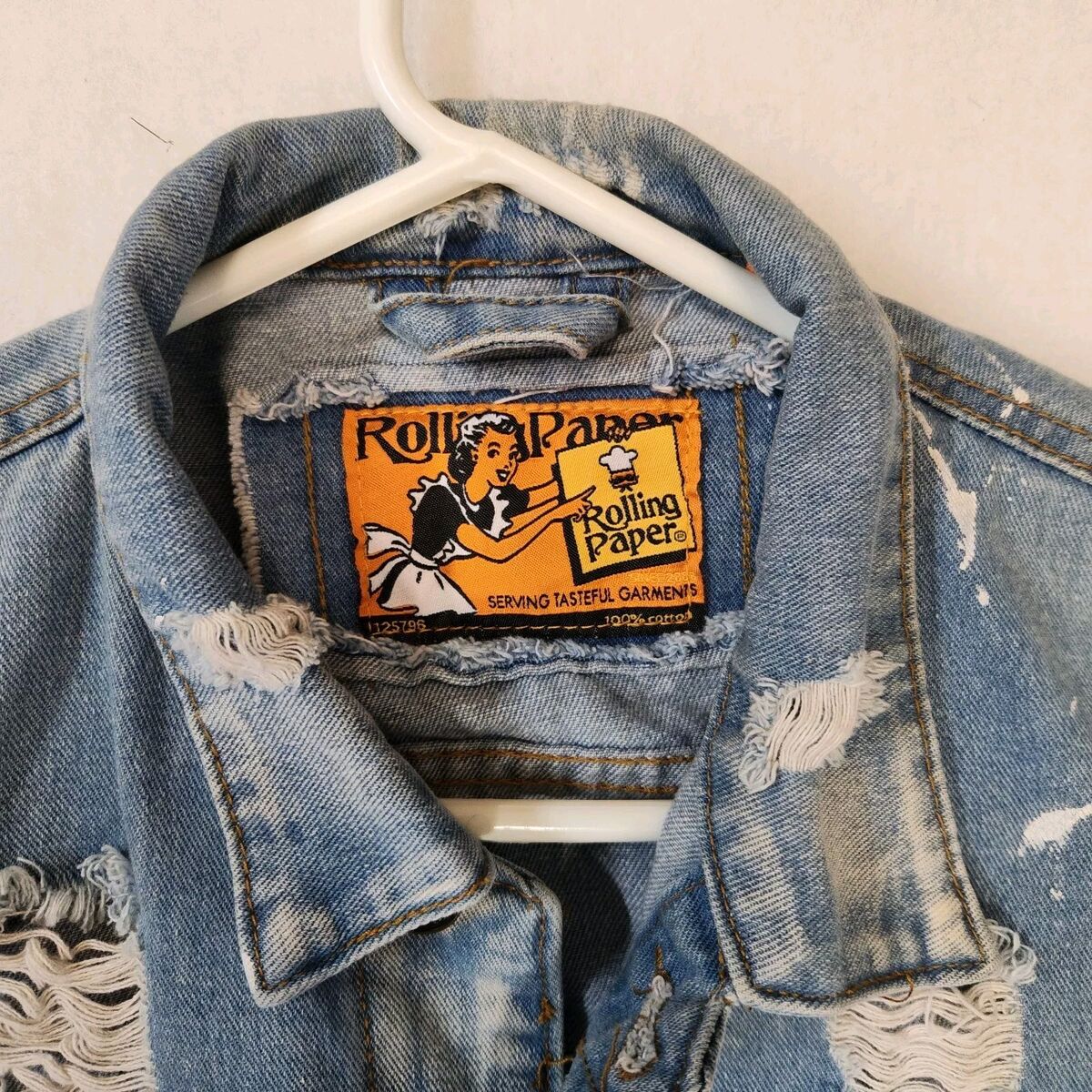 Rolling Paper Size M Denim Jean Jacket Distressed Paint Rolling Paper Size M Denim Jean Jacket Distressed Paint