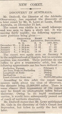 1913 Entdeckung des neuen Kometen in Australien durch Herrn B. Lowe
