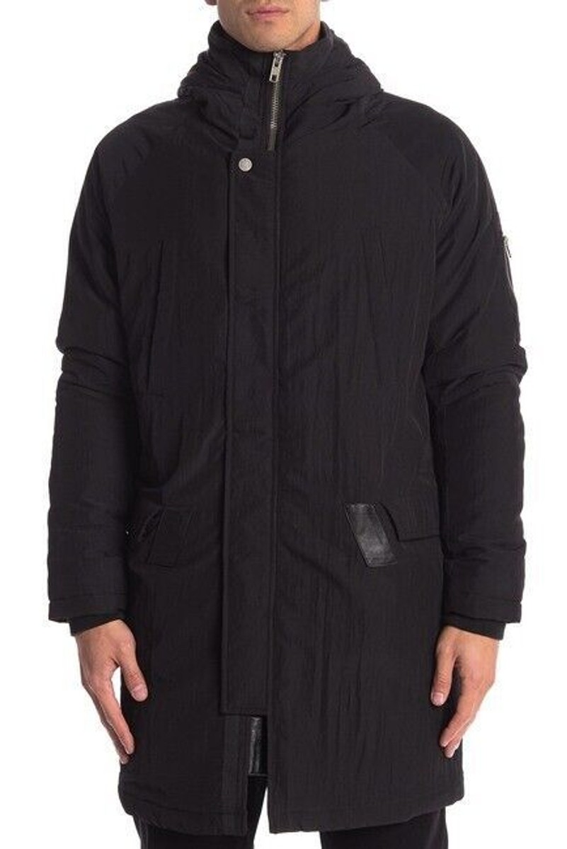 $498 Slate & Stone Long Hooded Jacket Coat Black With Leather