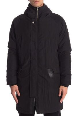 $498 Slate & Stone Long Hooded Jacket Coat Black With Leather