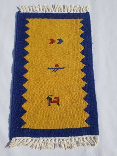 Vintage Handmade Traditional Geometric Yellow Blue Kilim Floor Rug Carpet 59x37