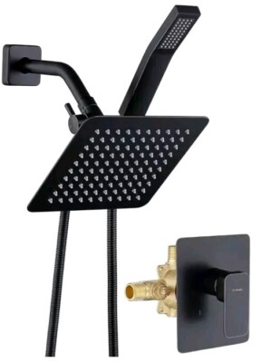 All Metal Shower Faucet Set, Dual Square Shower Head System with Handheld Wand 