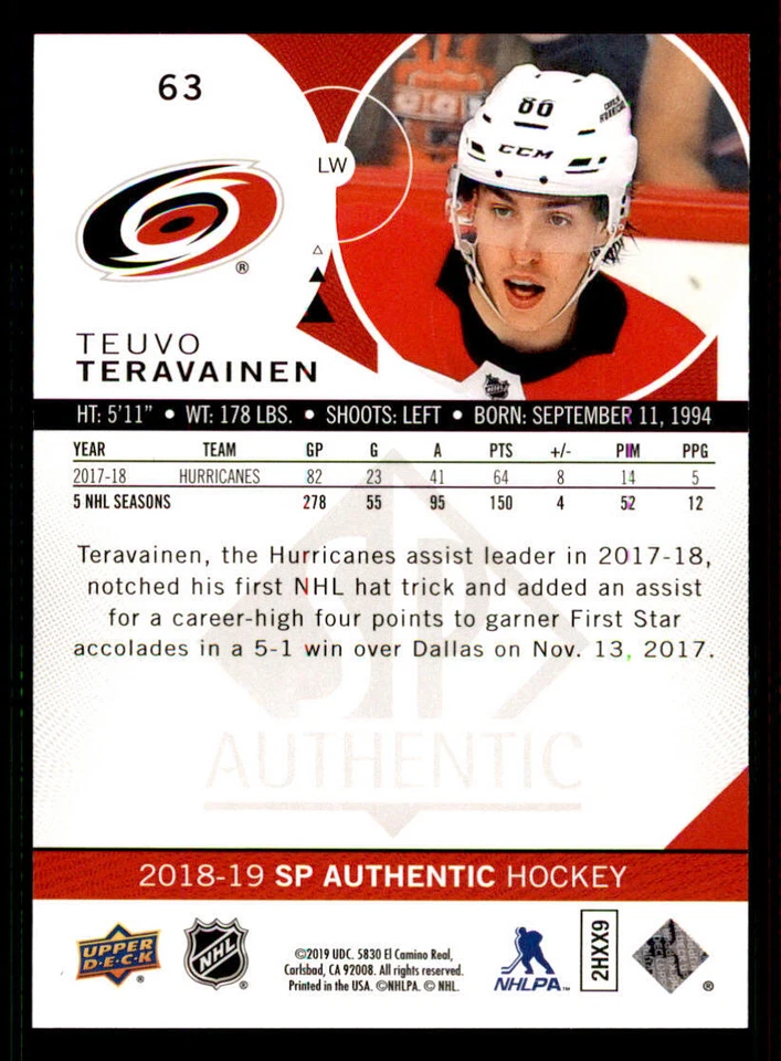 2018-19 SP Authentic Limited Red #63 Teuvo Teravainen - Image 2 of 2