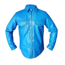 Blue Men Casual Handmade Classic Shirt Formal Genuine Lambskin Stylish Leather