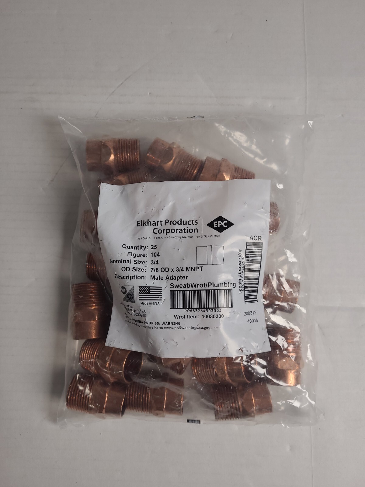 (25 Pcs) ELKHART Copper Male Adapter Fittings 3/4",Fig 104, OD 7/8" x 3/4"MNPT