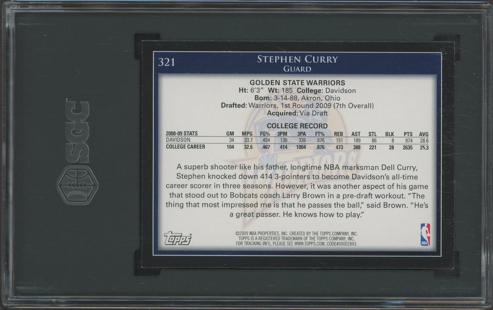 200910 Topps 321 Stephen Curry Warriors RC Rookie SGC 9 LOOKS GEM