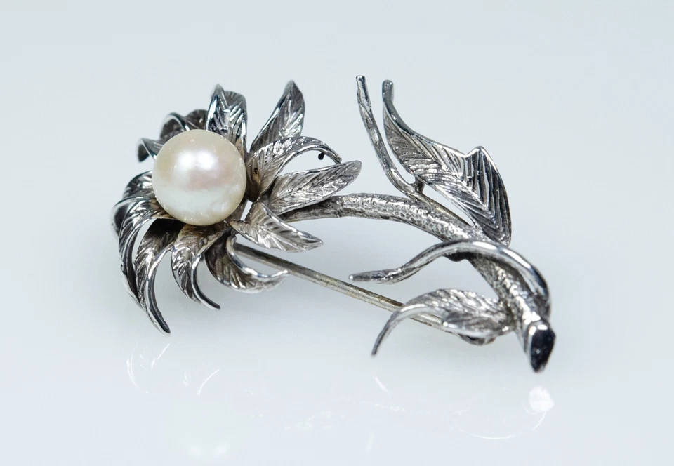 925 Argento - Spilla Vintage - Ø 8 Mm Perla Akoya - Immagine 4 di 4